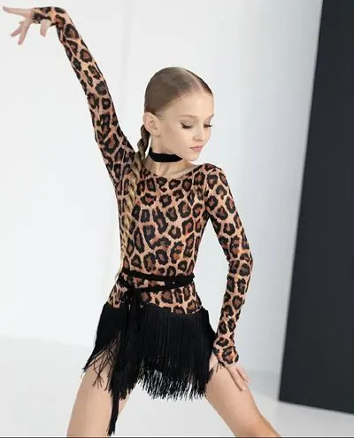 Girls’ Latin Dance Jumpsuit in Leopard Print with Fringe