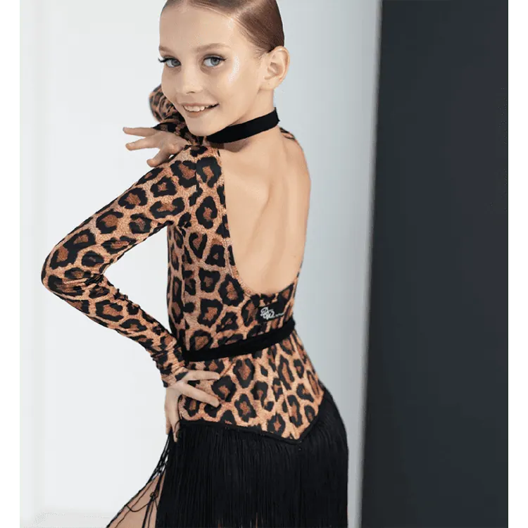 Girls’ Latin Dance Jumpsuit in Leopard Print with Fringe — вигляд 2