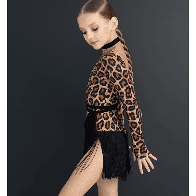 Girls’ Latin Dance Jumpsuit in Leopard Print with Fringe — вигляд 5