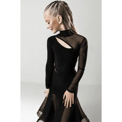 Girls’ Long Sleeve Latin Dance Bodysuit with Sheer Skirt Panels