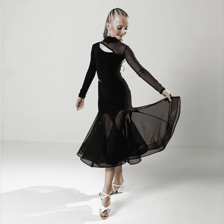 Girls’ Long Sleeve Latin Dance Bodysuit with Sheer Skirt Panels — вигляд 2