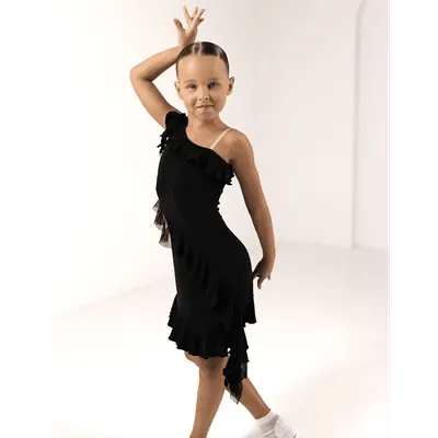 Girls’ One-Shoulder Latin Dance Dress with Ruffles