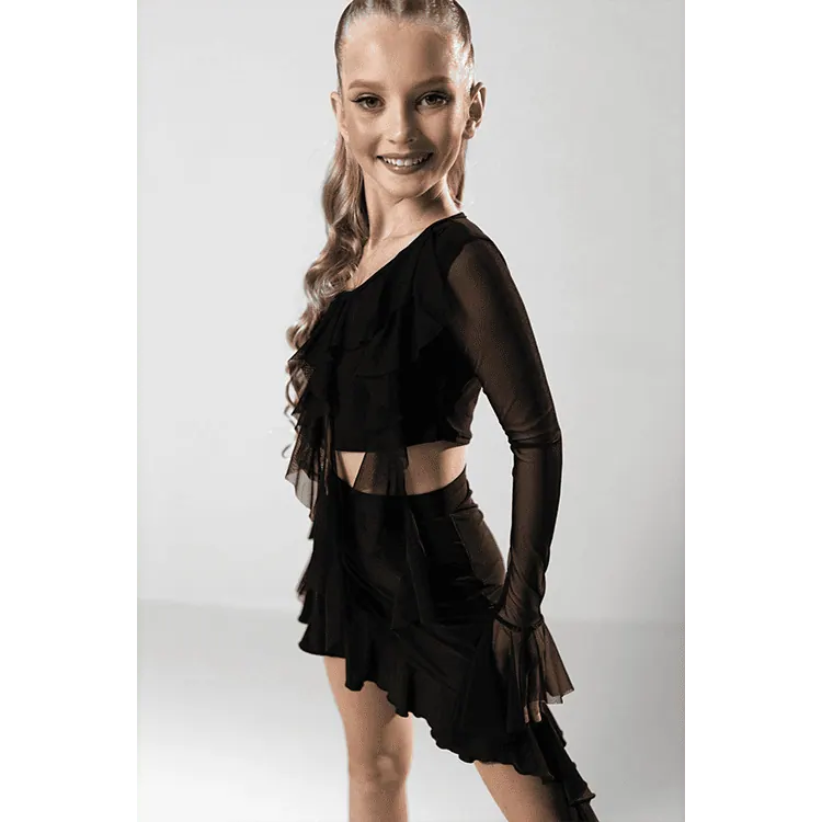 Girls’ Latin Dance Top with Ruffles and Sheer Sleeves — вигляд 5