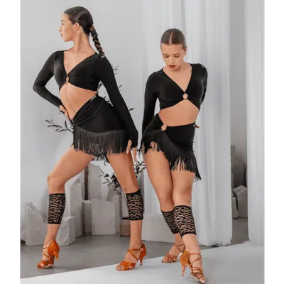 Latin Dance Skirt with Asymmetric Fringe – Black