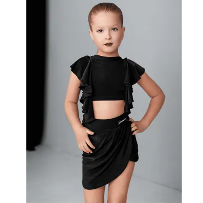 Girls’ Cropped Dance Top with Ruffles – Black