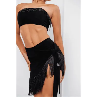 Latin Wrap Skirt with Fringe – Black