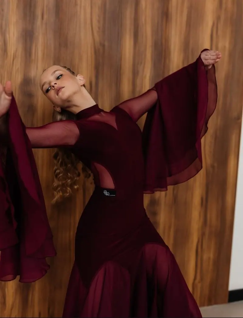 Ballroom Dance Bodysuit with Mesh and Layered Bell Sleeves