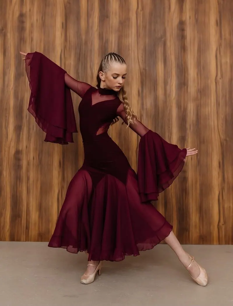 Ballroom Dance Bodysuit with Mesh and Layered Bell Sleeves
