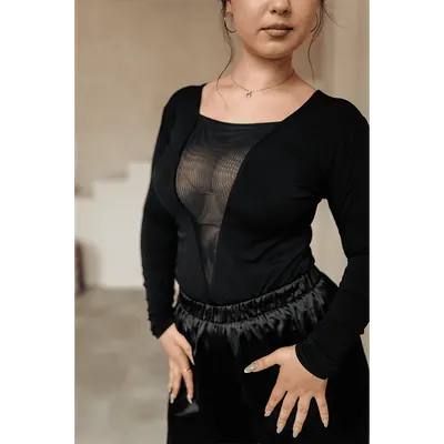 Women’s Dance Bodysuit Black with Sheer Mesh